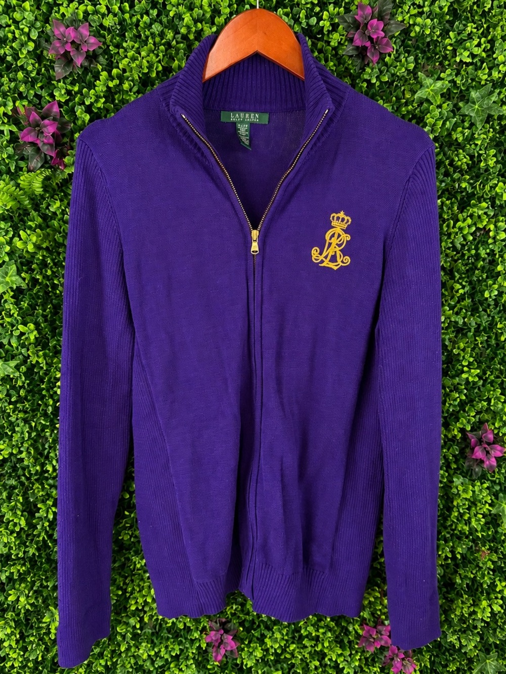 Lauren Ralph Lauren Purple Full Zip Cotton Sweater Gold Crest Logo XL - Picture 2 of 8